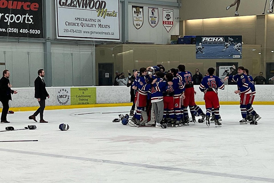 The U15 A1 Cloverdale Colts celebrate after winning the provincial championship gold medal March 23. (Image via facebook.com/cloverdalemha)
