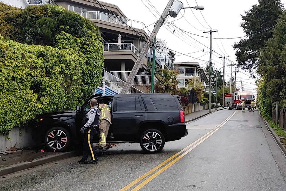 Emergency crews are on Buena Vista Avenue in White Rock after an SUV crashed into a hydro pole. (Ric Wallace photo)