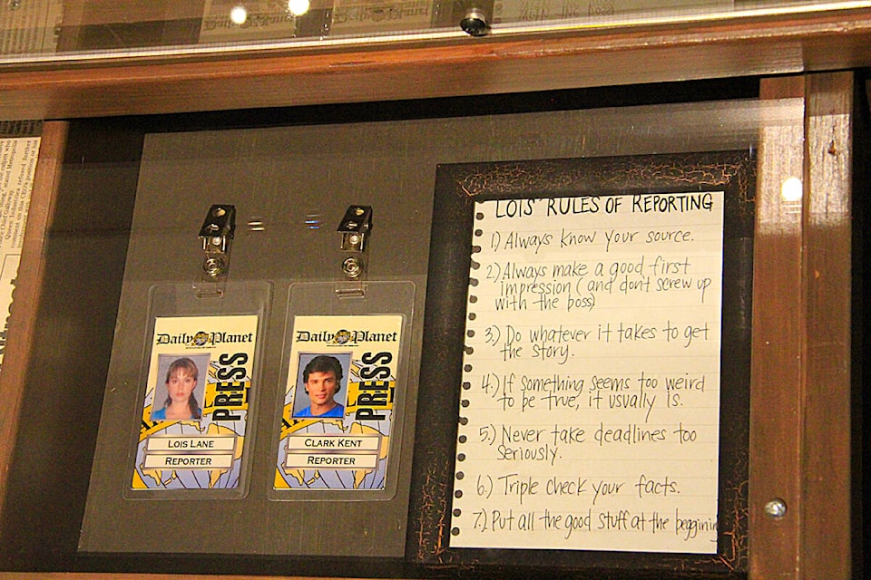 “Surrey On Screen” is now showing at the Museum of Surrey. The exhibition showcases TV and film productions that were filmed in Surrey over the years. Pictured are press passes from the TV series Smallville along with Lois Lane’s “Rules of Reporting.” (Photo: Malin Jordan)
