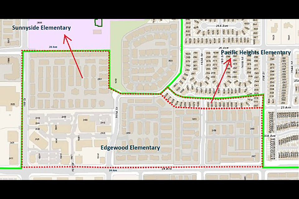 Map shows boundary change for Edgewood Elementary to Sunnyside and Pacific Heights Elementary schools. (Surrey Schools photo)