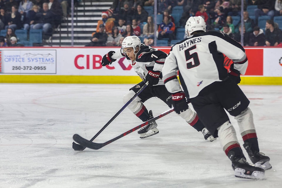 After a scoreless first period, Ty Halaburda put Vancouver up with an end to end rush 3:29 into the second period against the Blazers in Kamloops on Friday, Dec. 9. (Allen Douglas/Special to Langley Advance Times)