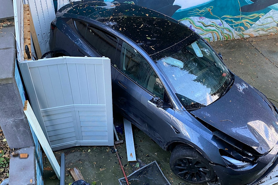 A White Rock resident is concerned about his neighbourhood when snow falls, as three vehicles have crashed on his Sunset Drive property in the past six years. The most recent was a Tesla that smashed his shed on Dec. 6, 2022. (contributed photo)