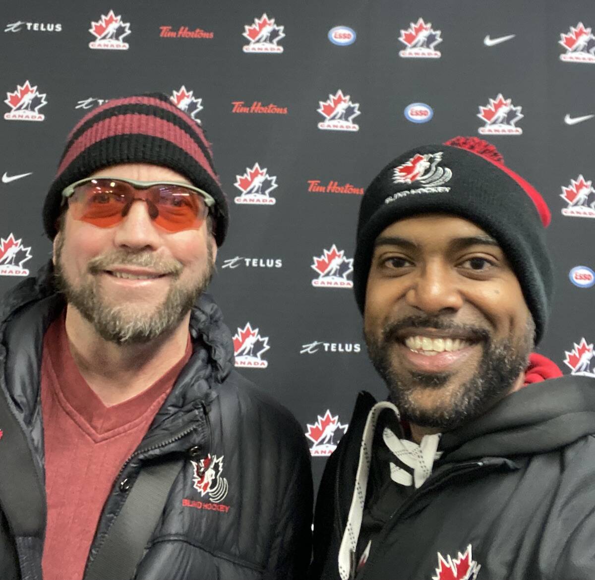 Vancouver Eclipse Blind Hockey goaltender Gary Steeves, left, with goaltending coach Joey Ali at the Hockey Canada-backed Western Regional Blind Hockey Tournament in Calgary in November 2022. (Submitted photo)