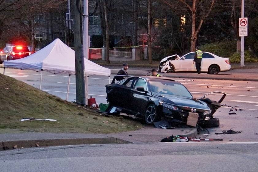 The Integrated Collision Analysis and Reconstruction Service was called to assist the Surrey RCMP Criminal Collision investigation Team early Sunday morning, after a fatal two-vehicle collision happened at 152 Street and Guildford Drive. (Shane MacKichan photo)