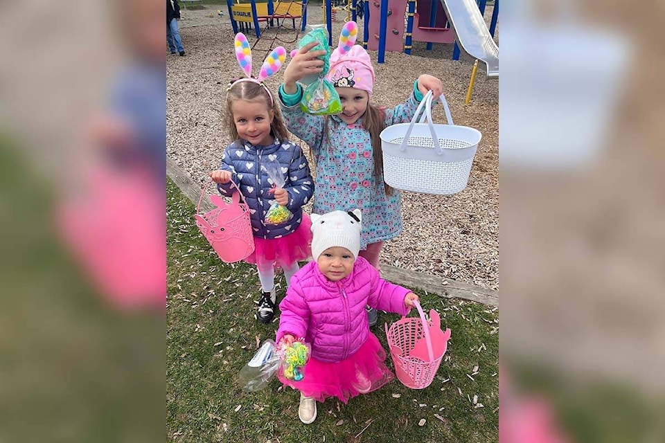 Children of all ages – including Nicole, Dominica and Kseniia (aged 4 1/2, 19 months and 6, respectively) hunted for eggs at an Easter event hosted by South Surrey-White Rock MP Kerry-Lynne Findlay on Wednesday (April 5) at Bakerview Park. (Tricia Weel photo)