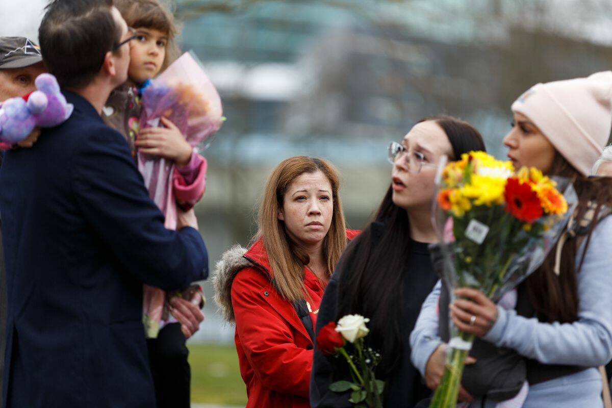 Holly Indridson, centre, at the celebration of life on Thursday, April 20, 2023 for her son Ethan Bespflug. Bespflug was stabbed to death on a Surrey bus on April 17, 2023. (Photo: Anna Burns)