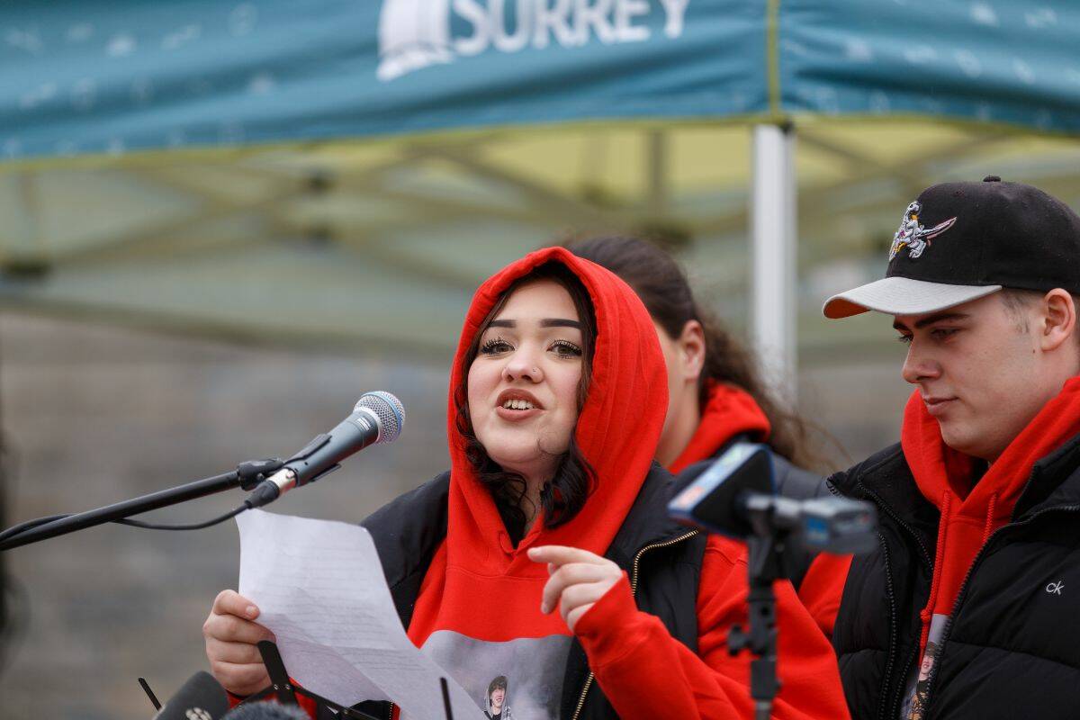 Friends of Ethan Bespflug shared stories about him at his Celebration of Life in Holland Park in Surrey on Thursday, April 20, 2023. Bespflug was stabbed to death on a Surrey bus on April 17, 2023. (Photo: Anna Burns)