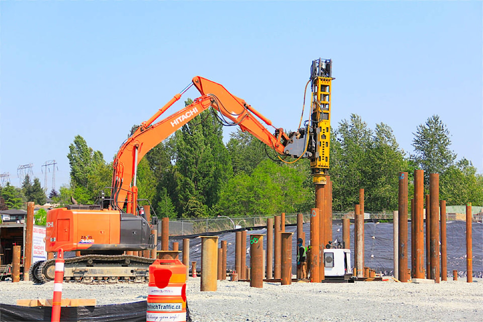 A crew works on the site of the Cloverdale Sport and Ice Complex at the north end of the Cloverdale Fairgrounds on May 17, 2023. The complex is scheduled to open for the start of the hockey season in 2024. (Photo: Malin Jordan)