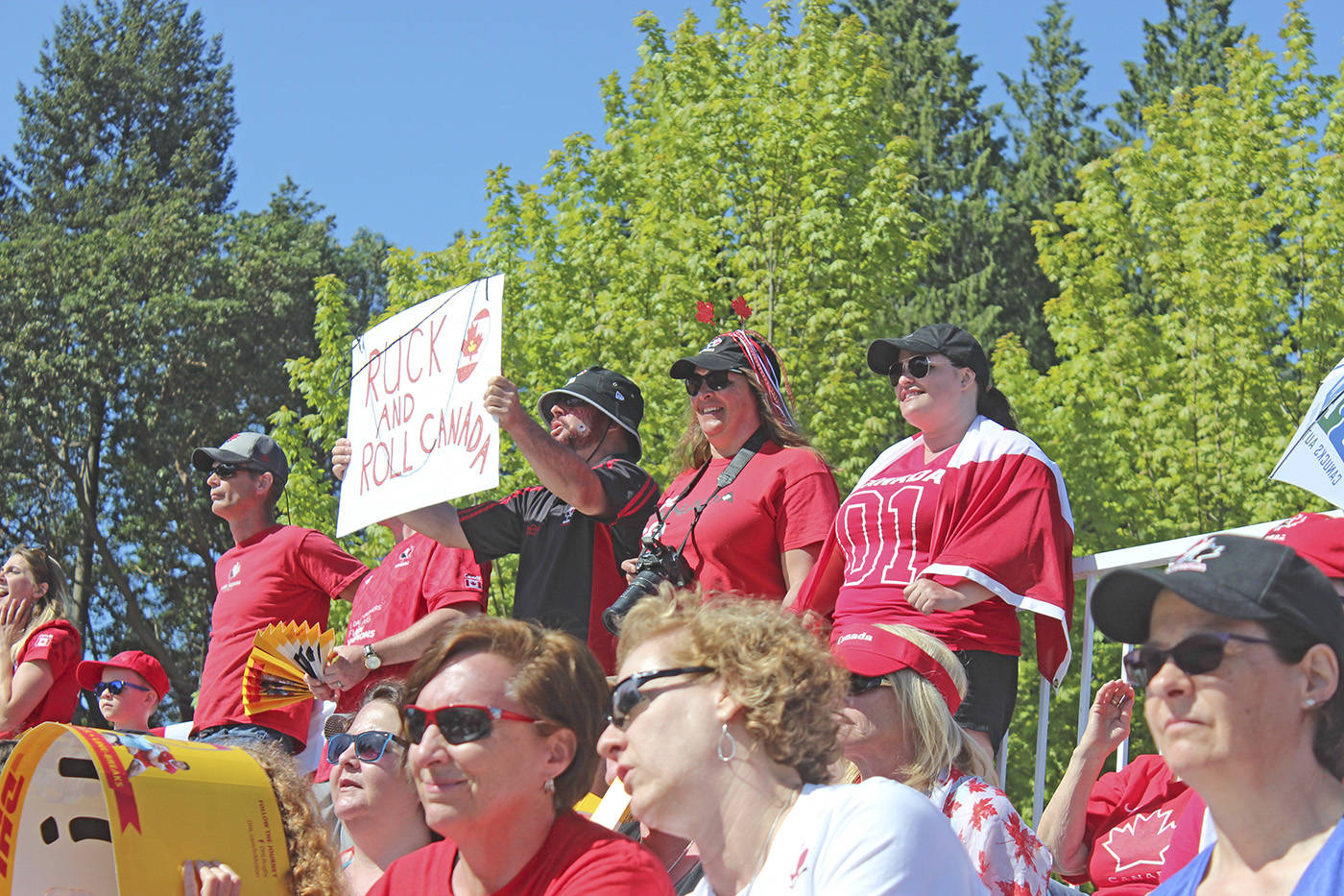 Fans cheer on Canada’s women’s sevens team in the quarterfinal match against the USA at Westhills Stadium in Langford Sunday. Canada lost 28-26 to the USA. (Kendra Wong/News Gazette staff)