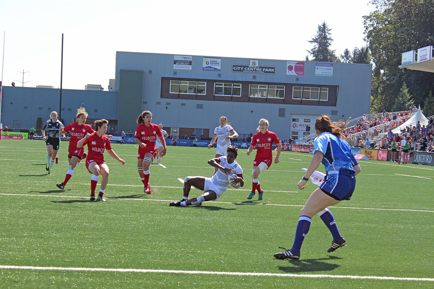 Canada’s women’s sevens team lost 28-26 to the USA in the quarterfinals of the HSBC Canada Sevens tournament at Westhills Stadium in Langford Sunday morning. (Kendra Wong/News Gazette staff)