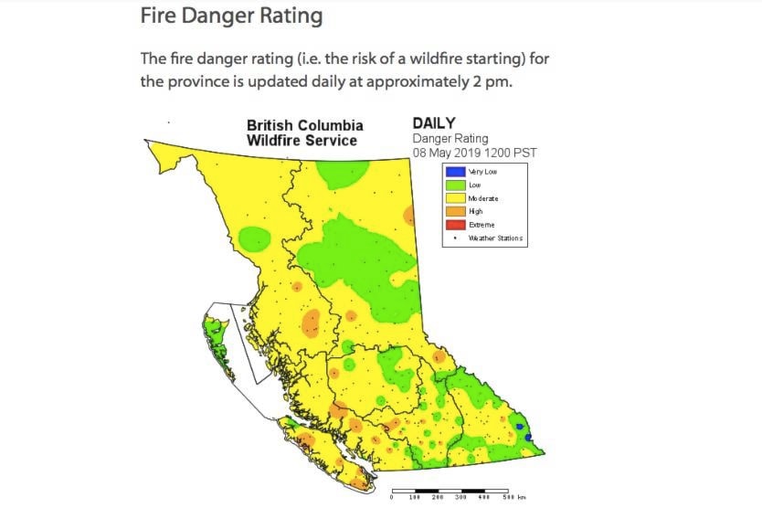 The Fire Danger Rating Thursday, May 9. Photo courtesy of the BC Wildfire Service
