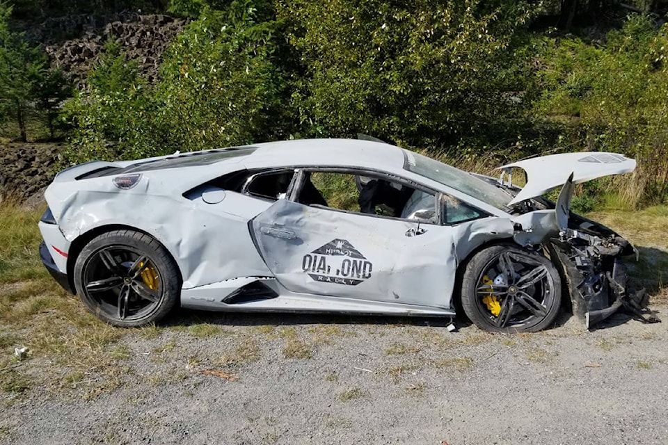 A Lamborghini was headed north on the Sea-to-Sky when hit the median and crossed over to hit a Toyota crossover, RCMP said. (Whistler RCMP)