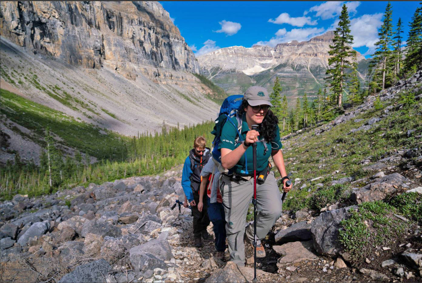 The trails to reach the fossils are steep, and often unstable. Hiking poles are required on the Mount Stephen hike, and recommended on all trails. Zoya Lynch/Parks Canada photo.