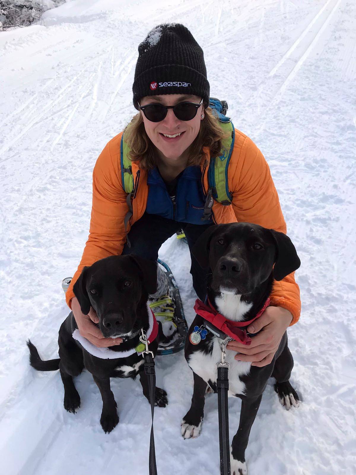 Nico Porta snowshoes with his dogs Mac and Neah. Photo submitted