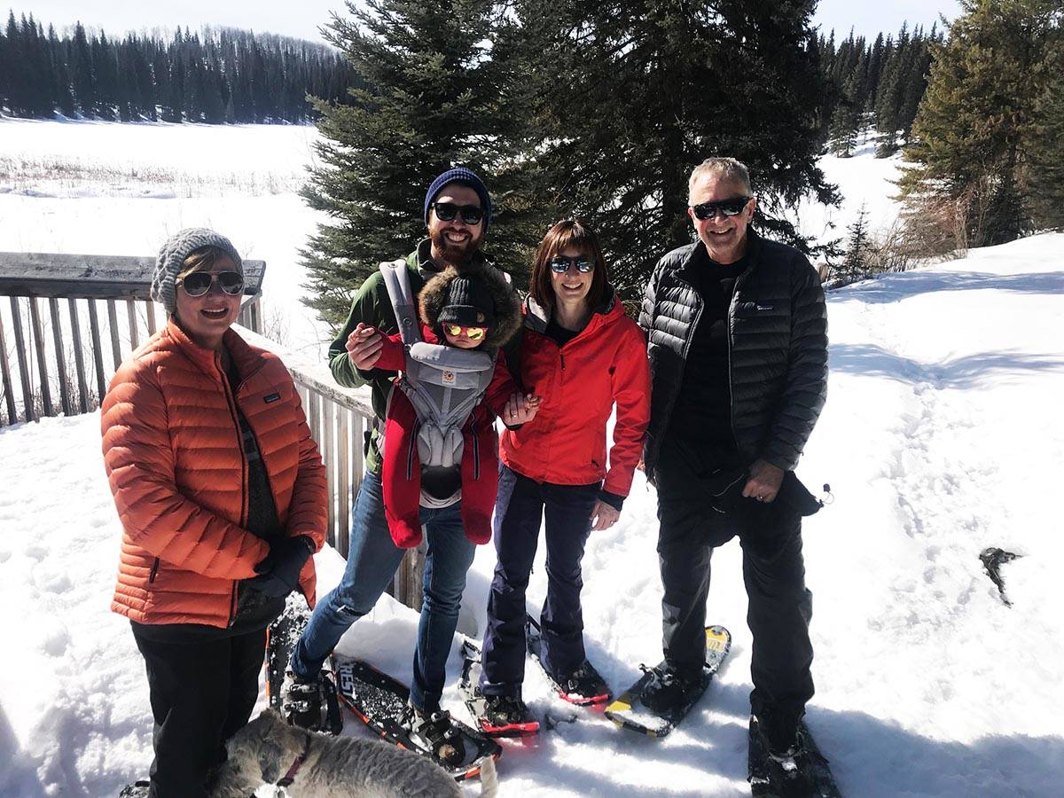 From Left, Karla Riach, Garrison Hodgins, Elliot Hodgins, Danae Hodgins and Ron Riach snowshoe at Mountain Spruce Park. Photo submitted