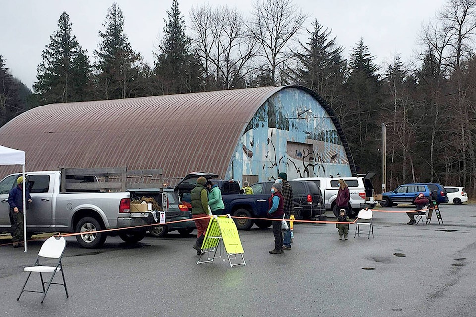 Residents line up socially distanced at the Seedy Saturday event, held at the Lobelco Hall parking lot from 10 a.m. to 2 p.m. April 3 with strict COVID-19 restrictions and precautions in place. (Nicole Kaechele photo)