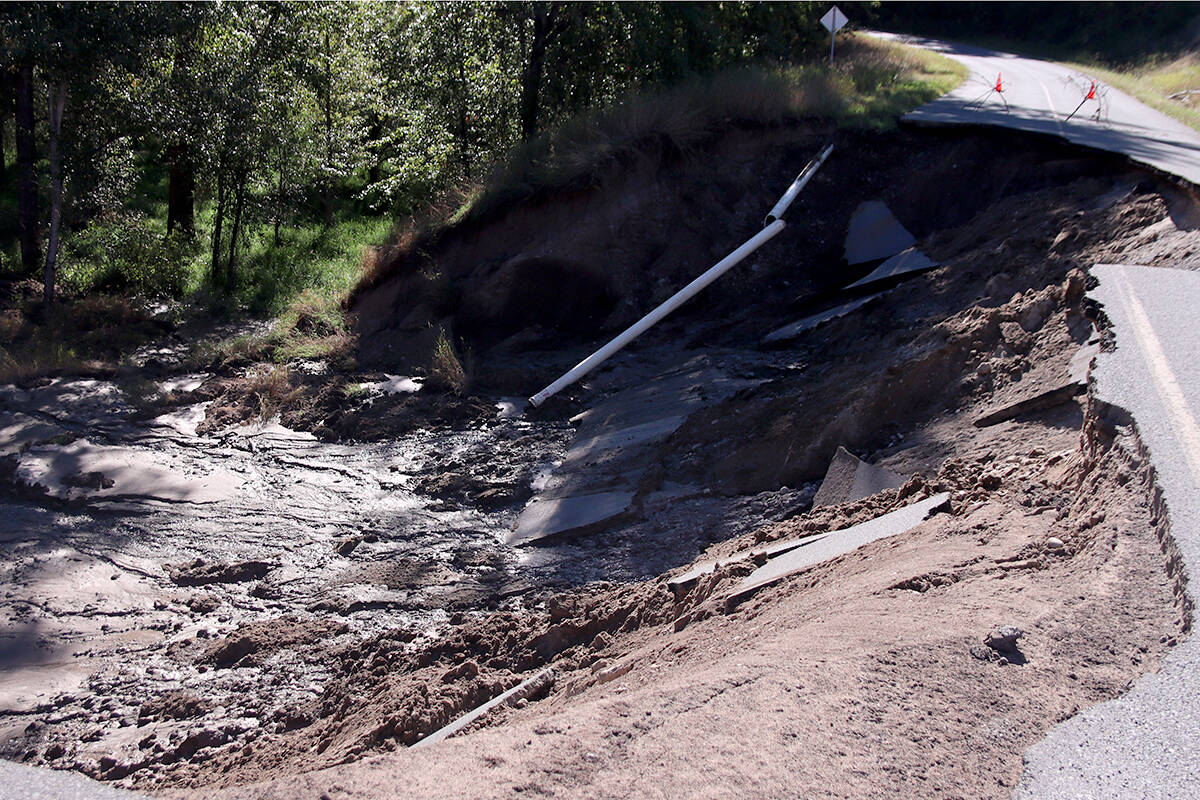 Water was still flowing underneath the section of washed-out road as of Thursday morning, Sept. 16. Photo: Laurie Tritschler