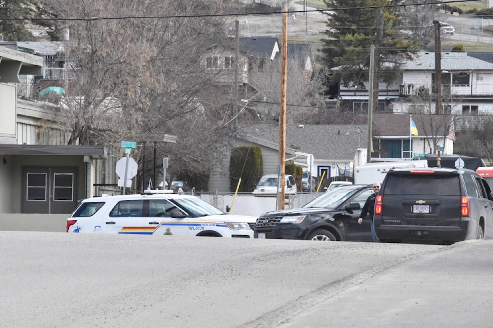 There were multiple RCMP vehicles in the vicinity of Cameron Street between First and Second Avenue Thursday morning March 31. (Monica Lamb-Yorski photo - Williams Lake Tribune)
