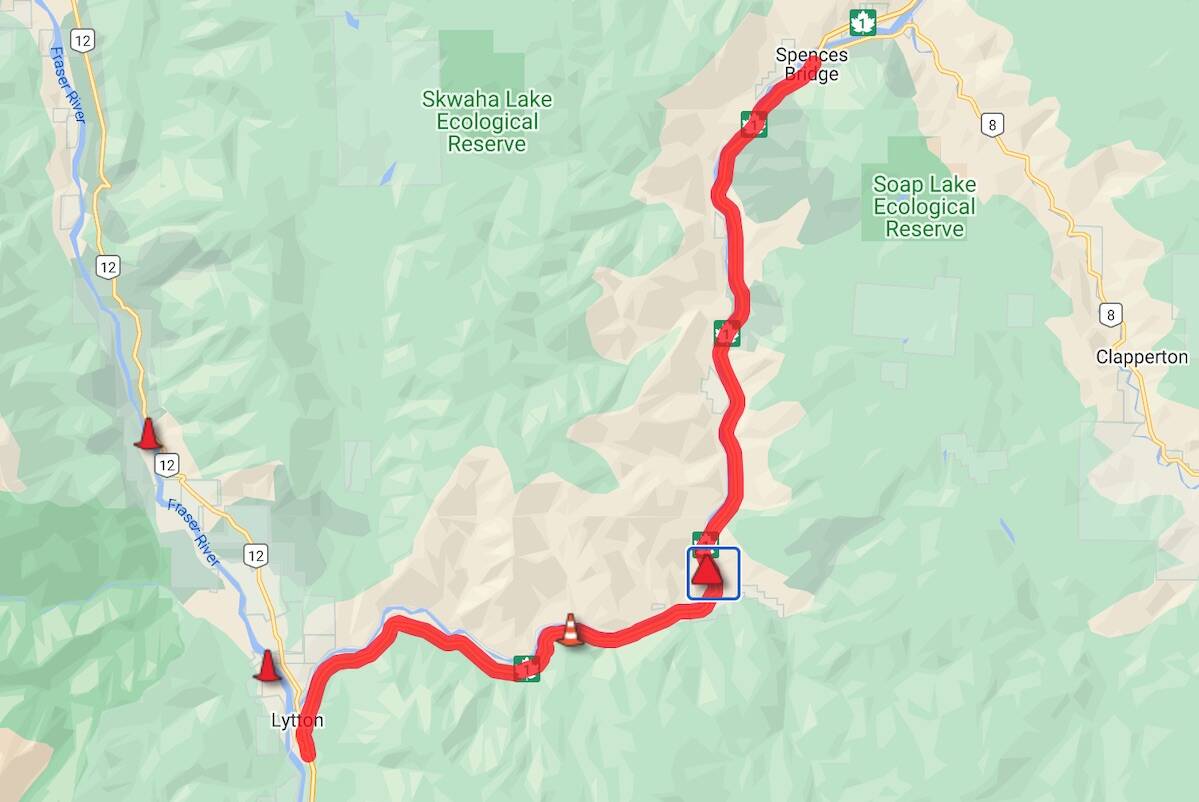 The stretch of Highway 1 closed between Lytton and Spences Bridge (Photo - DriveBC)