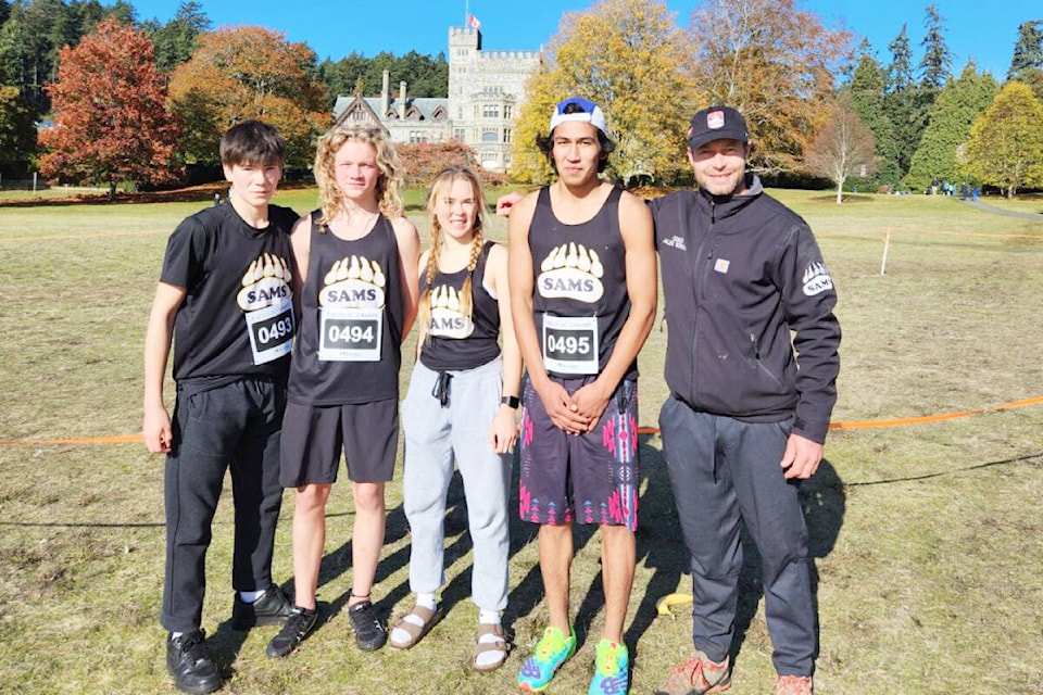 Members of the SAMS cross-country running team Eli Hall, Aubrey Pelletier, Morgan Boileau, Tristen Sellars and coach Alex Boileau were in Victoria for the provincials. (Photo submitted)