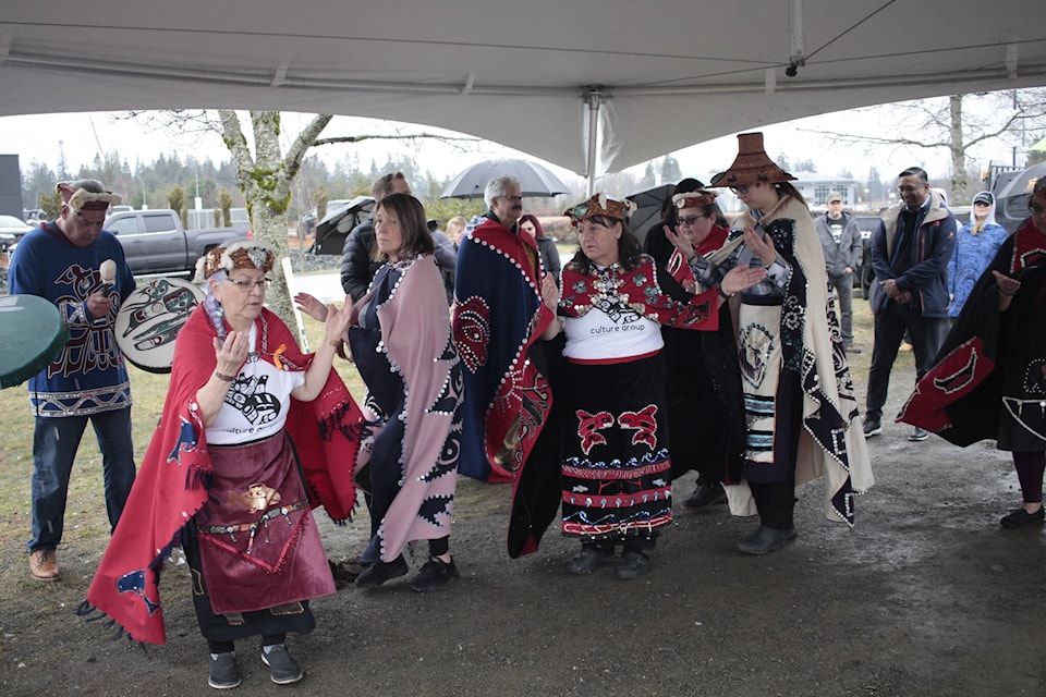 Women from the We Wai Kai First Nation danced during a blessing ceremony for the new Starbucks store to be built at the Quinsam Reserve. Photo by Marc Kitteringham/Campbell River Mirror