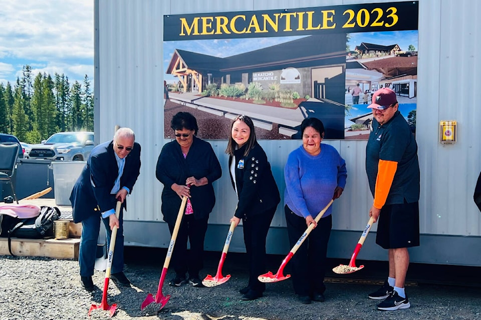 Al-Nashir Jamal, Chairman - Board of Directors, Ulkatcho Group of Companies (UGoC), Mary Williams, UGoC Board of Director, UFN Chief Lynda Price, UFN Elder Jessie McEwan, and UFN community citizen, James Jack participate in a ground-breaking ceremony Wednesday, June 21 for the new Ulkatcho Mercantile Store. (Photo submitted)