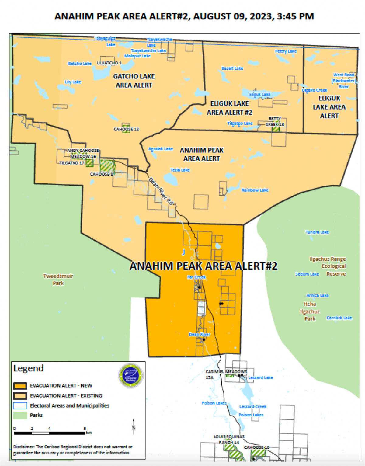 A map of the recent evacuation alert area, previously an evacuation order, near the Anahim Peak fire. (Cariboo Regional District map image)