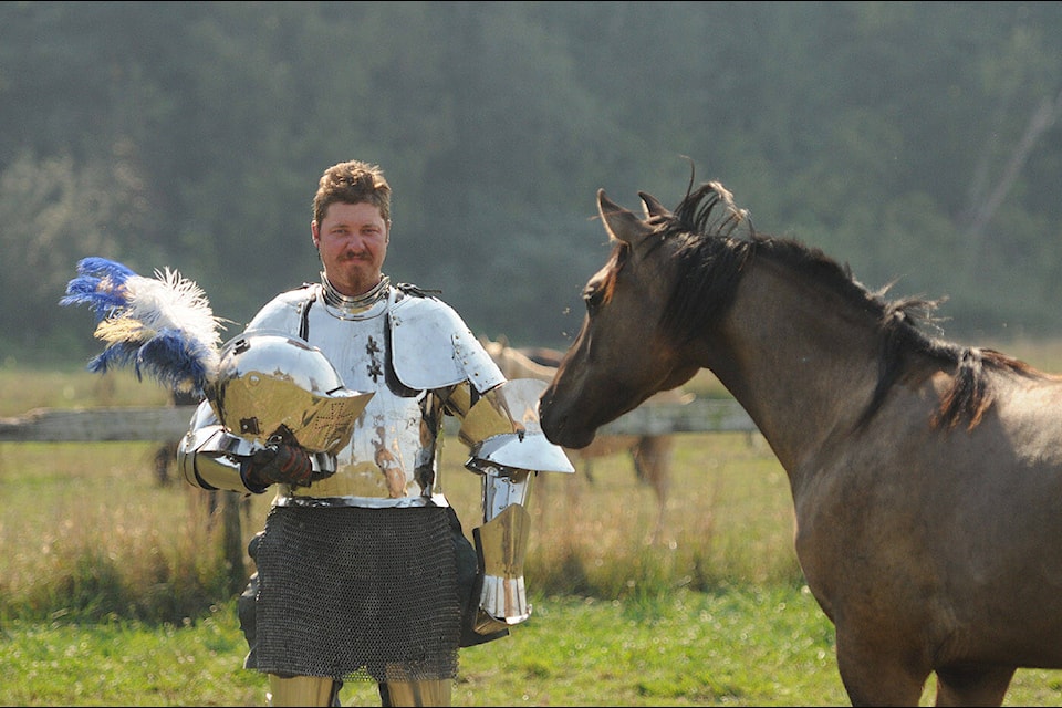 Josh Tobey, who’s a member of jousting troupe Knights of Valour, is pictured at his Chilliwack home on Sept. 16, 2023. (Jenna Hauck/ Chilliwack Progress)