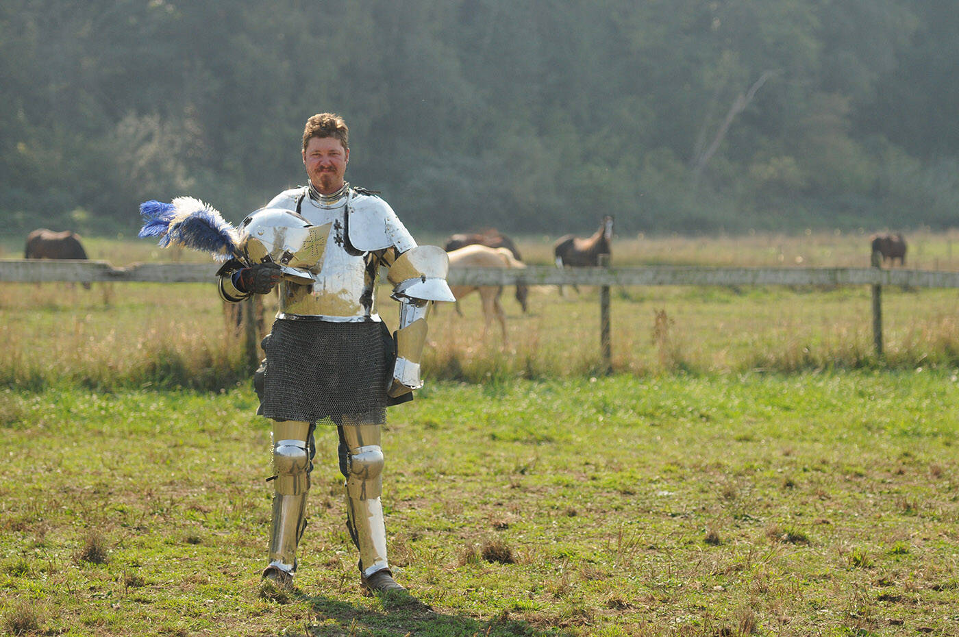 Josh Tobey, whos a member of jousting troupe Knights of Valour, is pictured at his Chilliwack home on Sept. 16, 2023. (Jenna Hauck/ Chilliwack Progress)