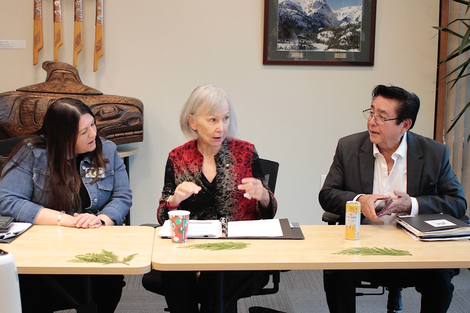 New K'ómoks First Nation Justice of the Peace Dr. Marion Buller (centre) sits with First Nations Support Services manager Patti Wight (left) and Westbank First Nation Chief Robert Louie (right).