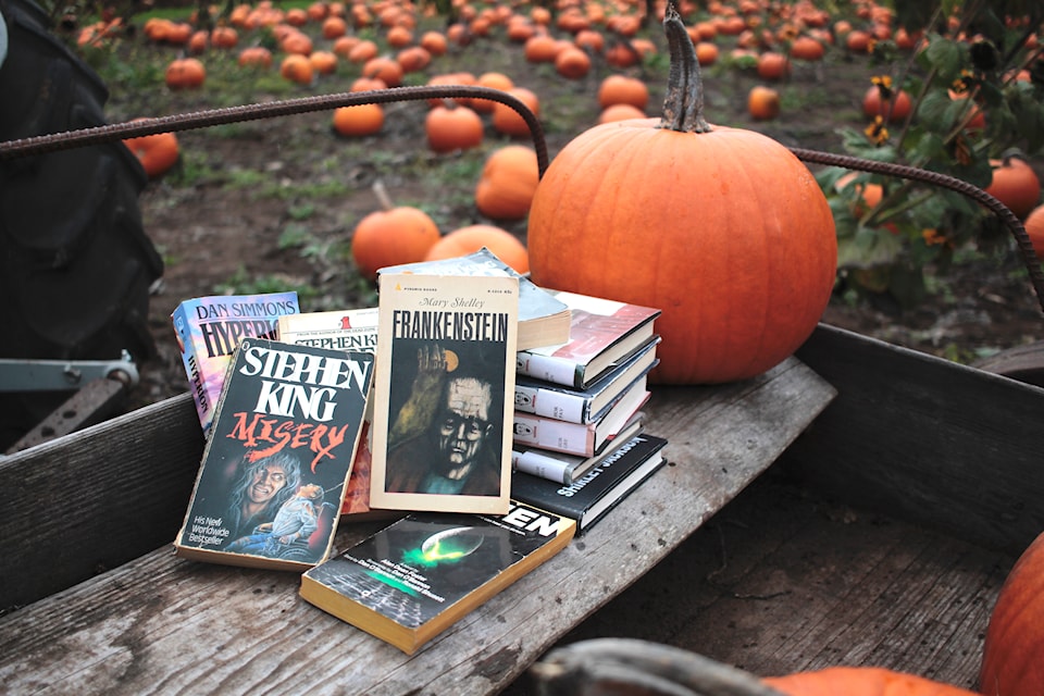Horror books in the pumpkin patch at Siefferts Farm in the Comox Valley.