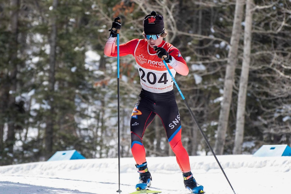 An athlete from the Strathcona Nordics competes in Canmore, Alta. 