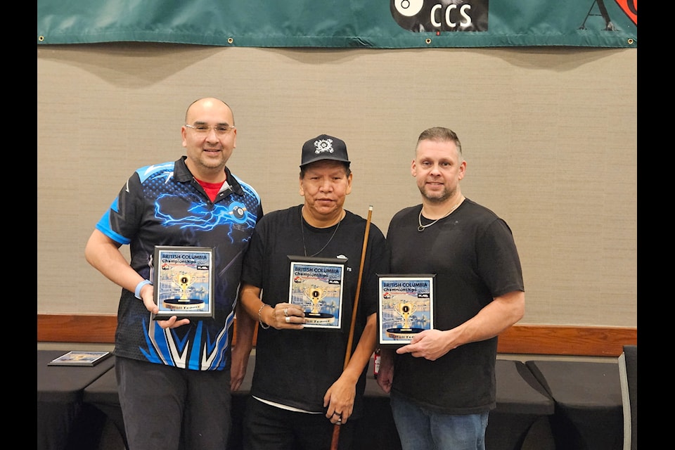 Nine ball teams winners John Robertson, Johnny Hunter and Shane Robinson placed first in the nine ball teams category. 
