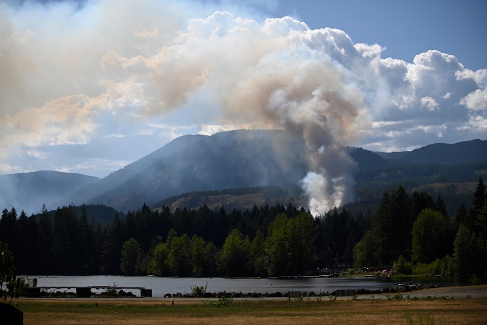 Plume of smoke rises above the fire location.