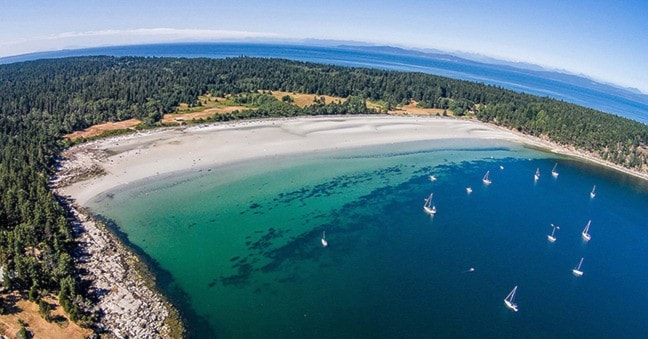 An aerial view of Tribune Bay, on Hornby Island.