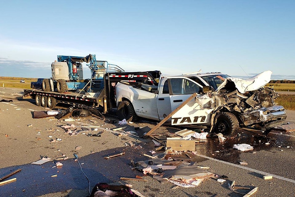 This is the truck that hit a number of vehicles in a chain-reaction collision on Highway 11 on the morning of Wednesday, Sept. 25, 2019. Only minor injuries were reported by police. Photo supplied by Carman Wilson