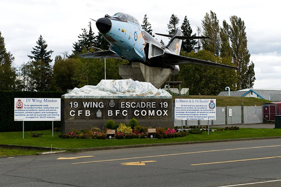 A CF-101 Voodoo sits at the front entrance to 19 Wing Comox. Photo courtesy Department of National Defence