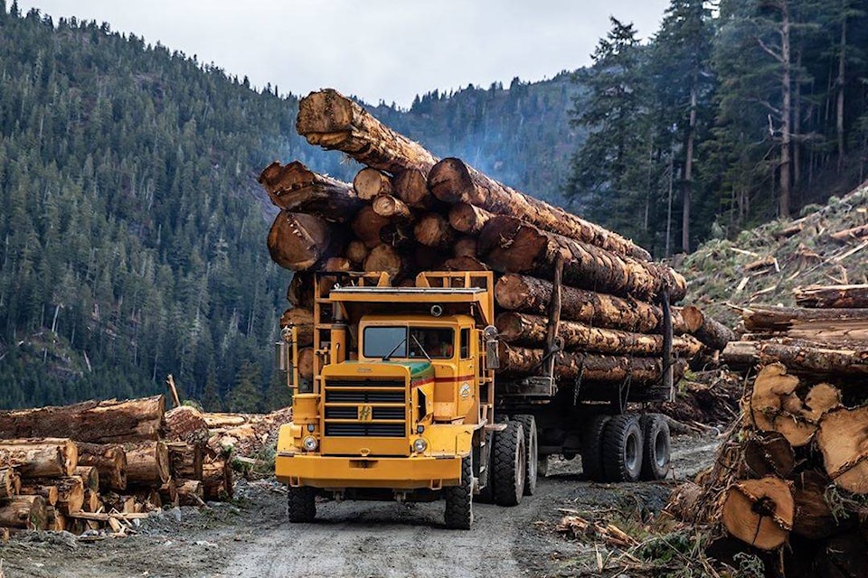 One of Wahkash Contracting’s logging trucks, a Hayes HDX, loaded with logs. Photo courtesy of Wahkash Contracting Ltd.