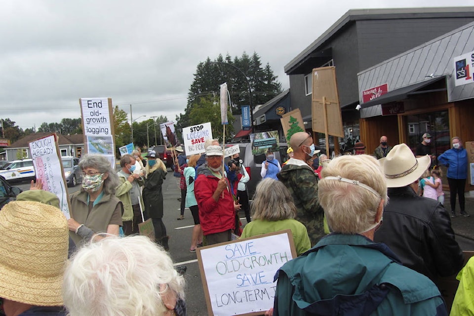 Approximately 60 people participated in an old-growth logging protest outside Courtenay-Comox MLA Ronna-Rae Leonard’s office on Thursday, Aug. 20. Photo supplied.