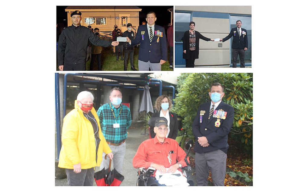The Royal Canadian Legion Branch 160 Comox, B.C. Poppy Chairman, Kent Guilford presenting cheques to the following organizations in support of their venues: (top left) The Sea Cadet Corps who assisted in last year’s Poppy campaign. (Top right) CFB Comox, Military Family Resource Center, Kim Hetherington, executive director MFRC. Bottom, The Views at St Joseph’s, Jessica Aldred, Health Care Foundation, Michael Aikins, senior operations leader. We wish to Thank All those who supported last year’s Poppy Campaign and we hope we will have your continued support this year. Thank you all.