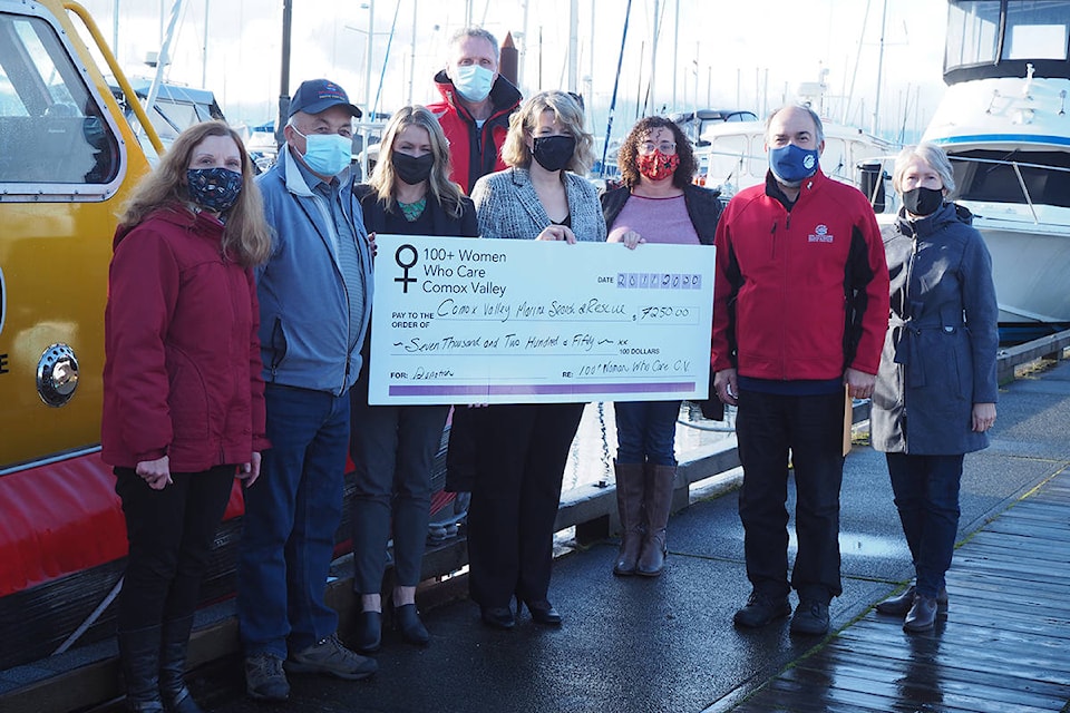 100+ Women Who Care Comox Valley Cheque Presentation for Comox Valley Marine Search & Rescue $7,250. Pictured (from left) - Carol Daize (100+ Women committee), David Mellin ( Marine Search & Rescue president), Mandy Baker (100+ Women member), Don Behan (Marine Search & Rescue coxman), Kathy Pilon (100+ Women member), Lisa Wilcox ( 100+ Women committee), Roch Massicotte (Marine Search & Rescue station leader), Diane Kenny ( 100+ Women committee).