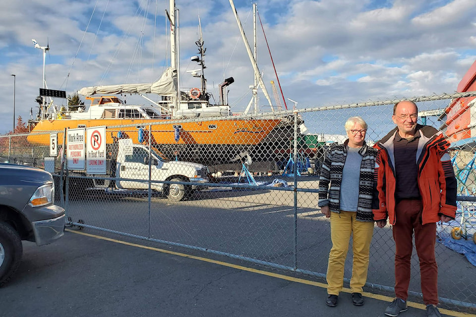 Paul and Marion Bauer pose for a picture at the shipyard in Campbell River where their boat was getting repaired. The couple who set sail from Germany in 2017 to circumnavigate the globe, found their plans altered after the pandemic struck in 2020.