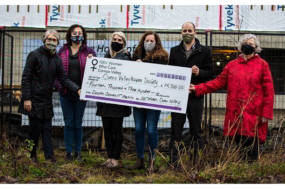 In an official cheque presentation ceremony, at the currently under construction future home of the Aiken Community Hospice and Comox Valley Hospice Society location, Comox Valley Hospice Society was awarded The 100+ Women Who Care Comox Valley’s first donation of 2021 - a cheque for $14,300.