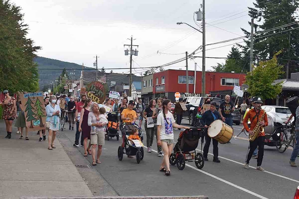 A group of approximately 60 people concerned about old-growth forest protection took part in an event in Cumberland on Wednesday (June 2) to show support for the Fairy Creek protestors. Photo by Terry Farrell