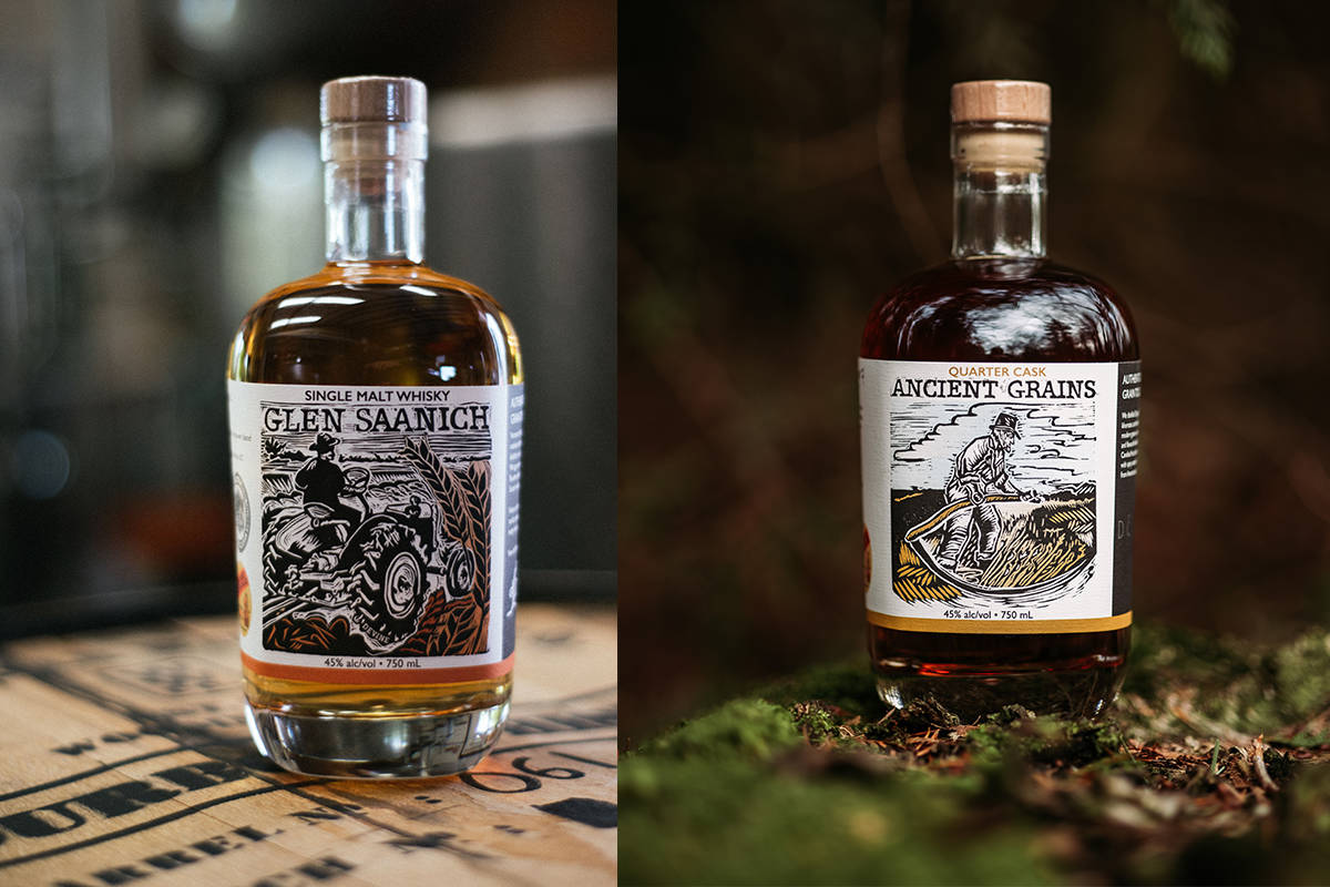 The delightful offerings from de Vine: Glen Saanich Single Malt (set to release this fall) and Ancient Grains Young Whisky, photos beaSEA photo lab and Jeremy Pue.