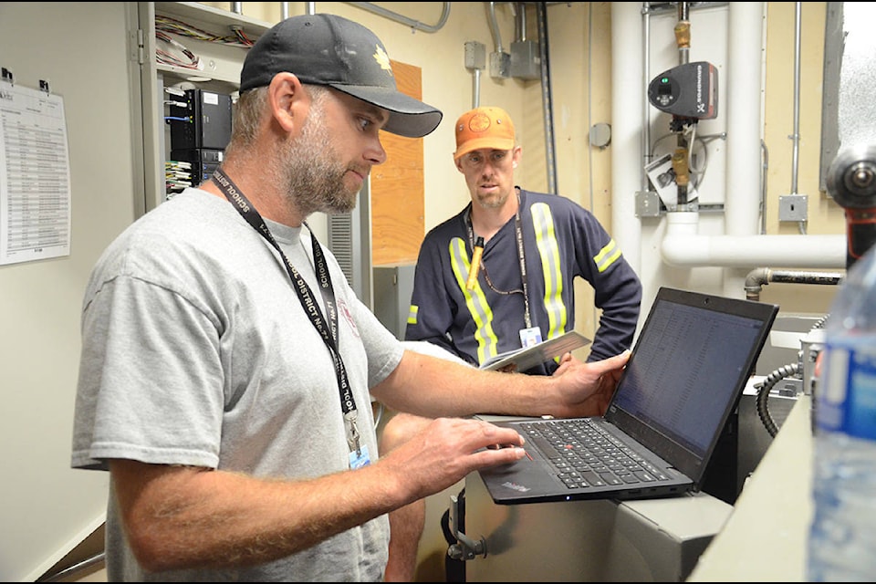 Sandy Watt and Rod Morgan monitor the HVAC system. Photo by Mike Chouinard