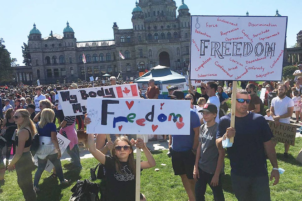 Protestors rally against the vaccine policies at the B.C. legislature Wednesday, Sept. 1. (Don Denton/Black Press Media)