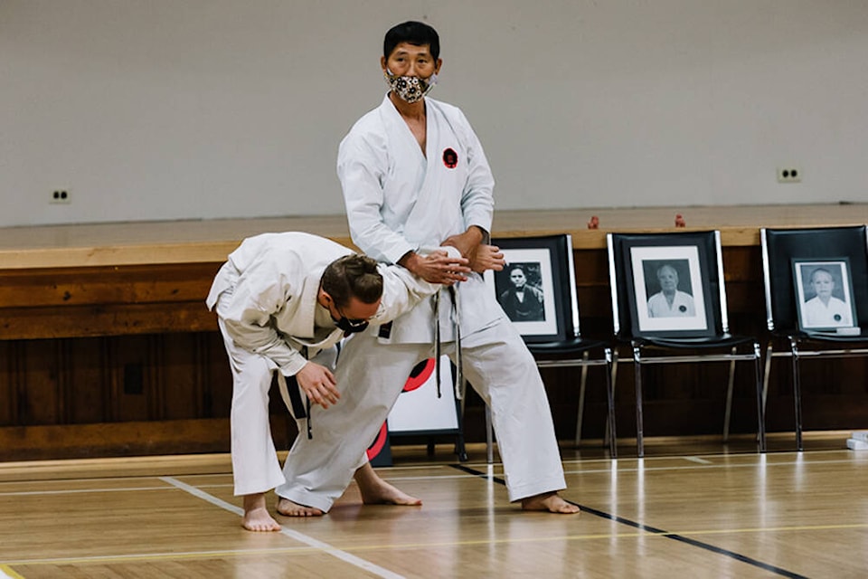World chief instructor of the International Okinawan Goju-Ryu Karate-do Federation (IOGKF), Tetsuji Nakamura Sensei, shows some technique during a special seminar held in Courtenay, Sept. 17-19. Photo supplied