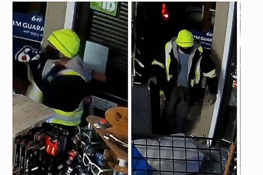 Video surveillance footage of suspect in Buckley Bay Petro Canada break and enter. Photo via RCMP