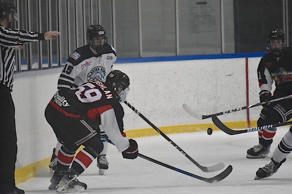 Wyatt Murray of the Glacier Kings eyes the puck during the second period against Campbell River, Tuesday at the CV Sports Centre. Scott Stanfield photos